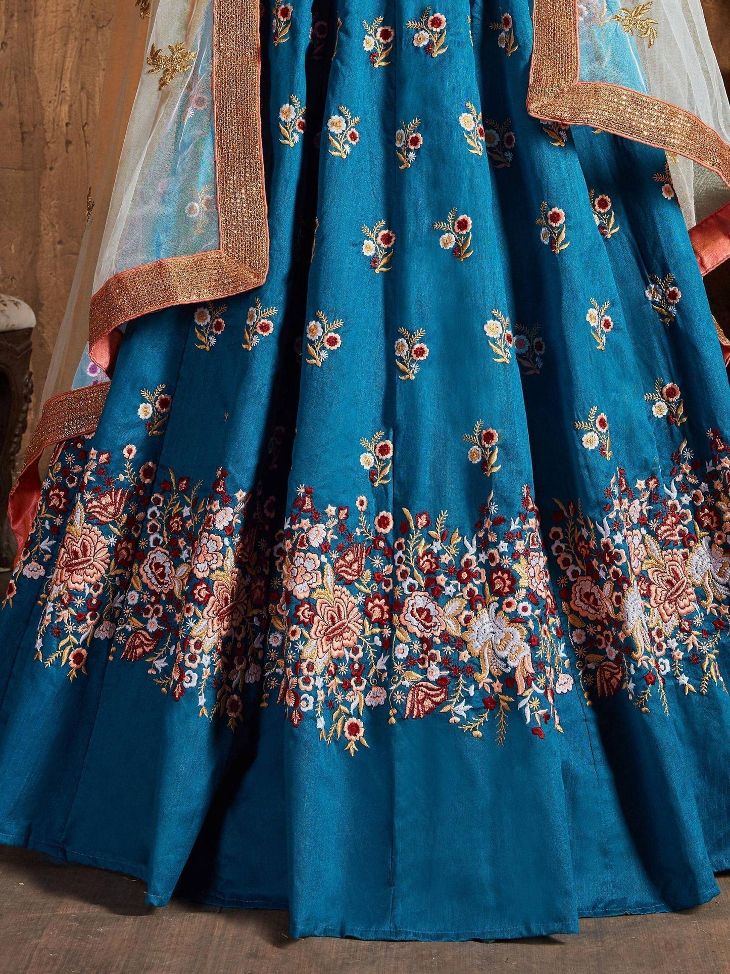 Tulsi Art Teal Blue Thread Work Raw Silk Bridal Lehenga With Peach Choli And Off-White Dupatta