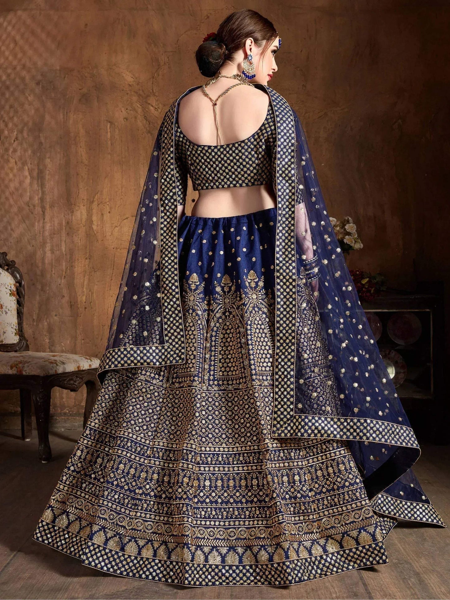Tulsi Art Navy Blue Sequins Raw Silk Wedding Lehenga Choli With Dupatta