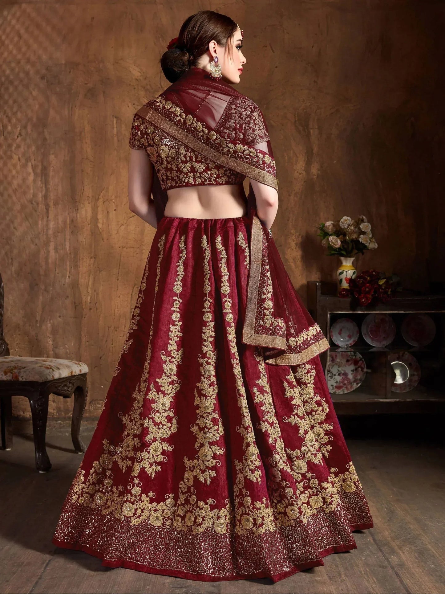 Tulsi Art Maroon Embroidery Raw Silk Wedding Lehenga Choli With Dupatta