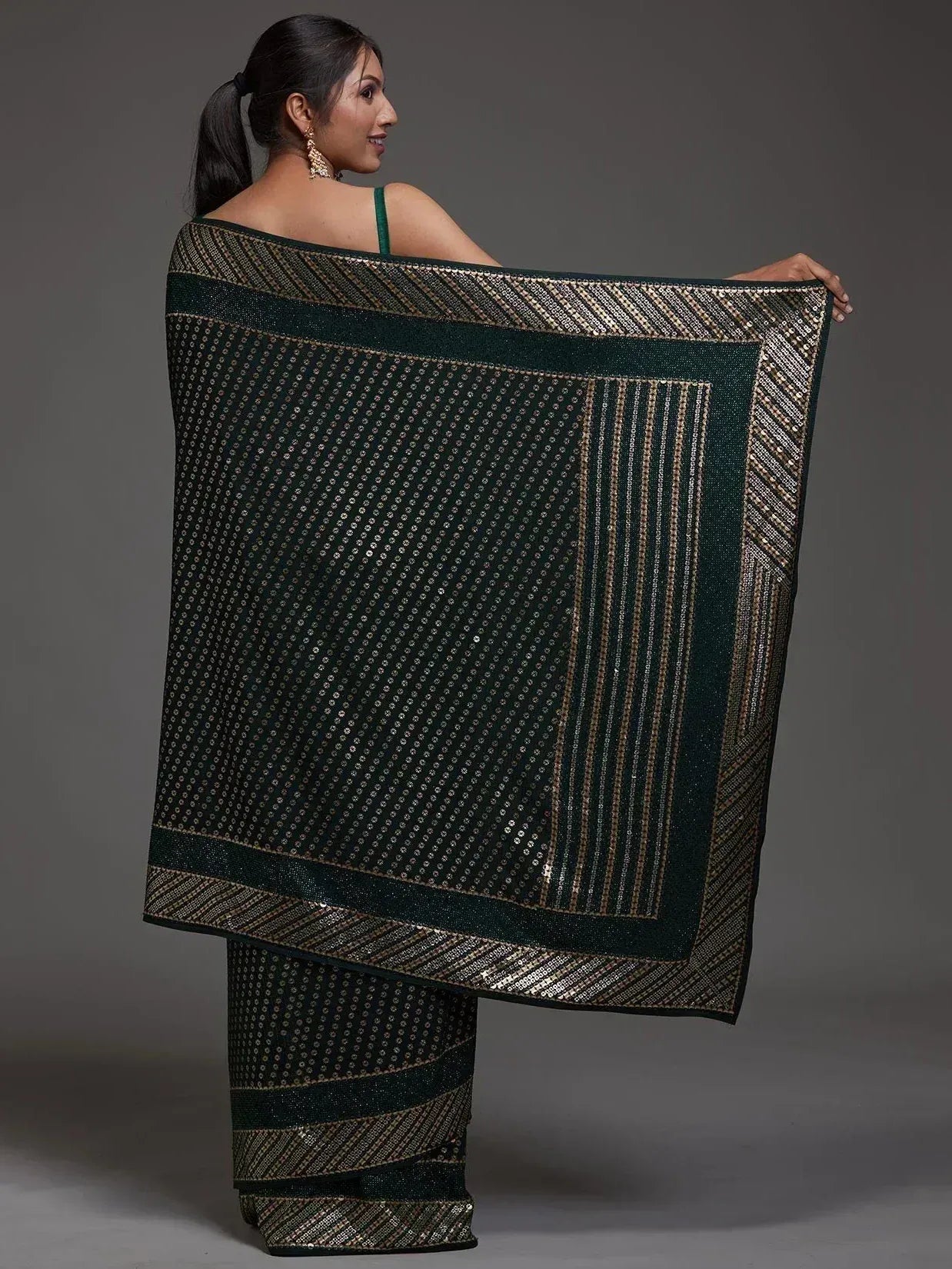 Tulsi Art Charming Green Sequins Georgette Reception Wear Saree With Blouse