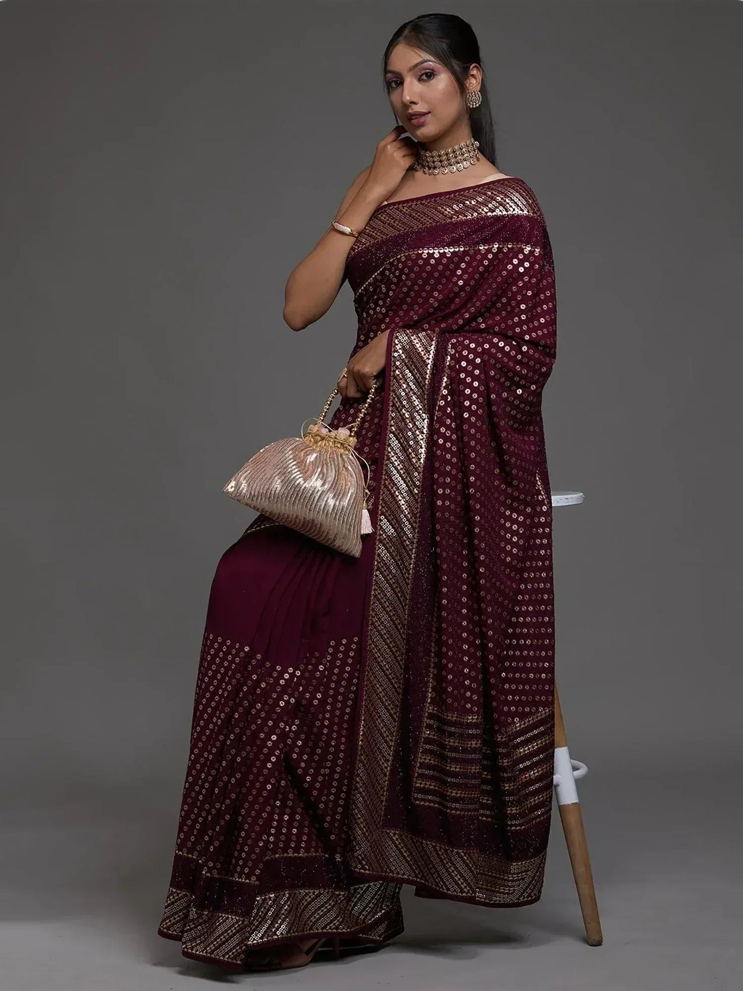 Tulsi Art Precious Maroon Sequins Georgette Cocktail Party Wear Saree