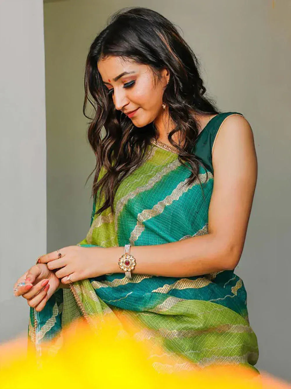 Tulsi Art Charming Blue & Green Leheriya Printed Cotton Function Wear Saree