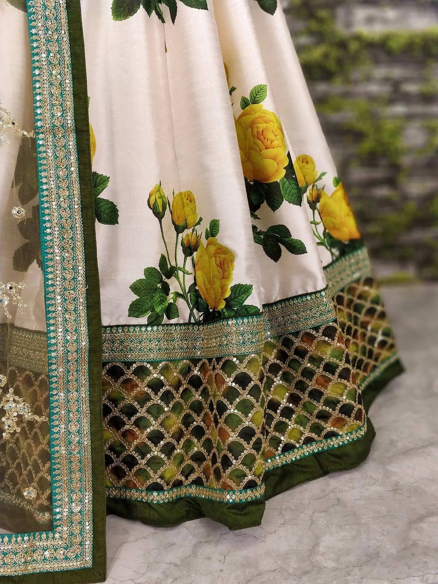 Tulsi Art Off White-Yellow Rose Floral Print Silk Lehenga Choli