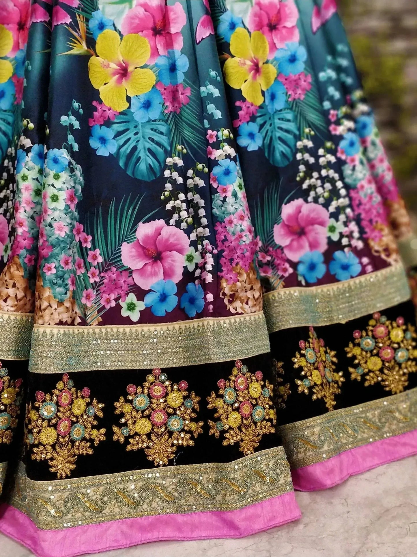 Tulsi Art Beautiful Blue Floral Printed Silk Wedding Lehenga Choli With Dupatta