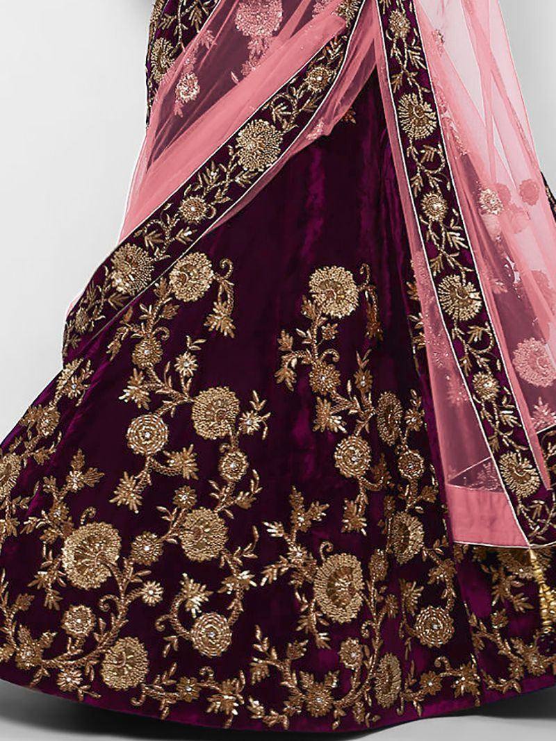Tulsi Art Purple Embroidered Velvet Bridal Lehenga Choli With Baby Pink Dupatta