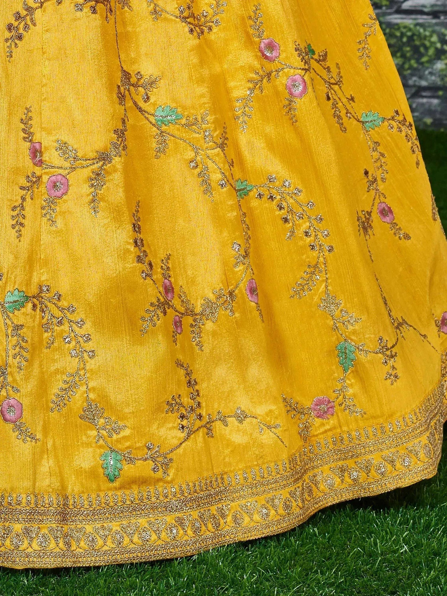 Tulsi Art Yellow Embroidery Mulberry Silk Wedding Lehenga Choli