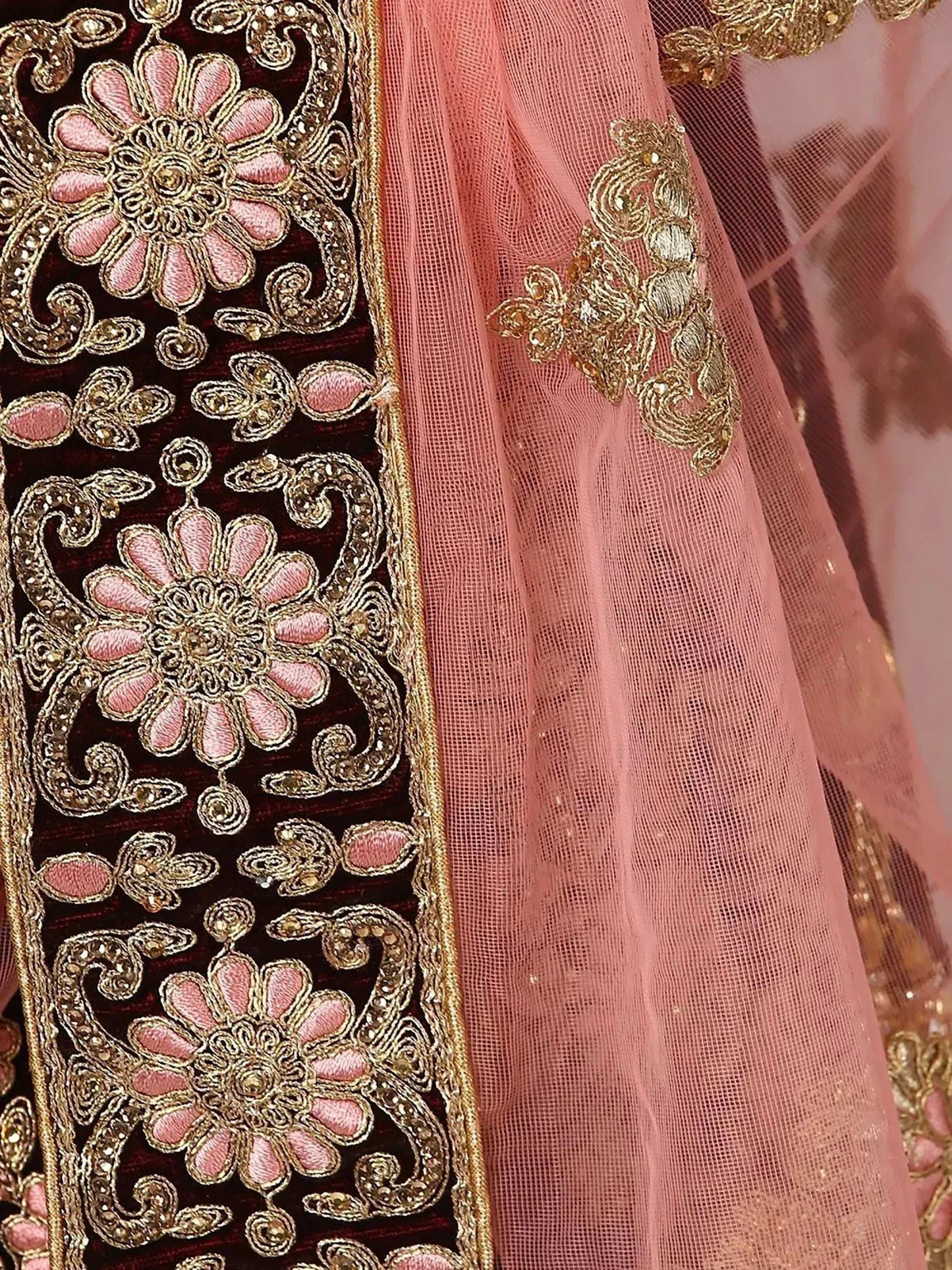 Tulsi Art Maroon Embroidered Pure Velvet Bridal Wedding Lehenga Choli For Women