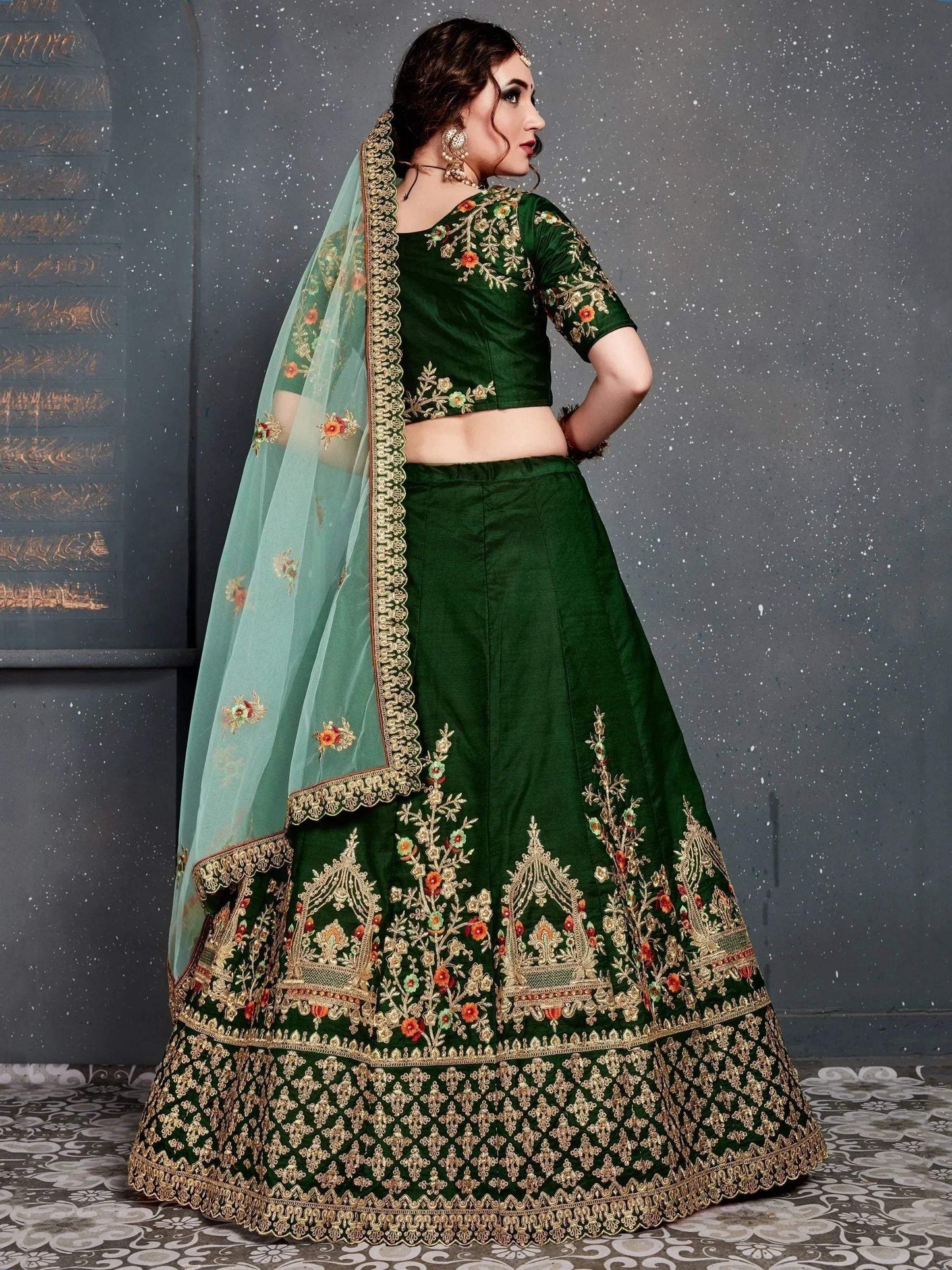 Tulsi Art Bottle Green Embroidered Silk Bridal Lehenga Choli