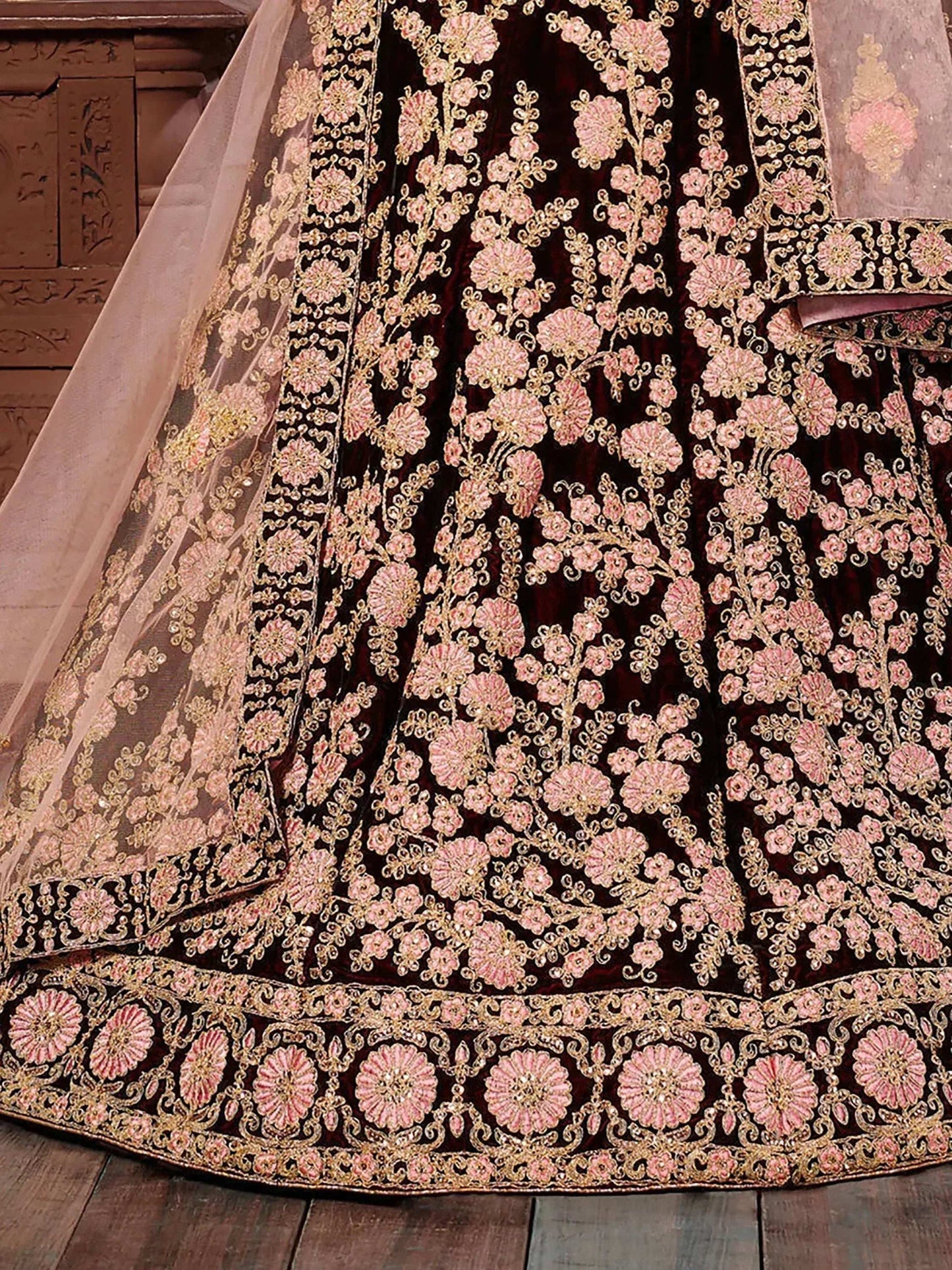Tulsi Art Maroon Thread Embroidery Velvet Silk Bridal Wear Lehenga Choli And Pastel Pink Dupatta
