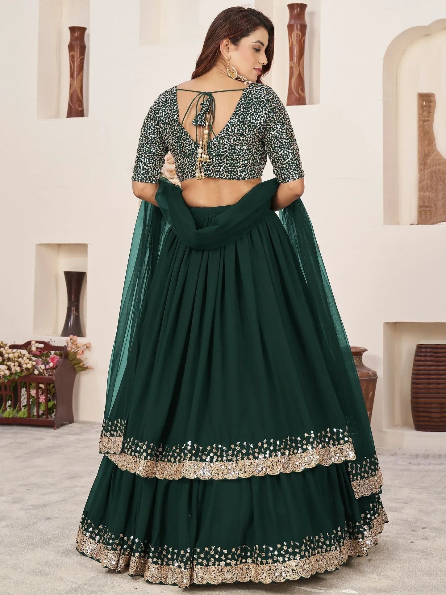 Tulsi Art Captivating Green Sequins Georgette Mehendi Wear Lehenga Choli
