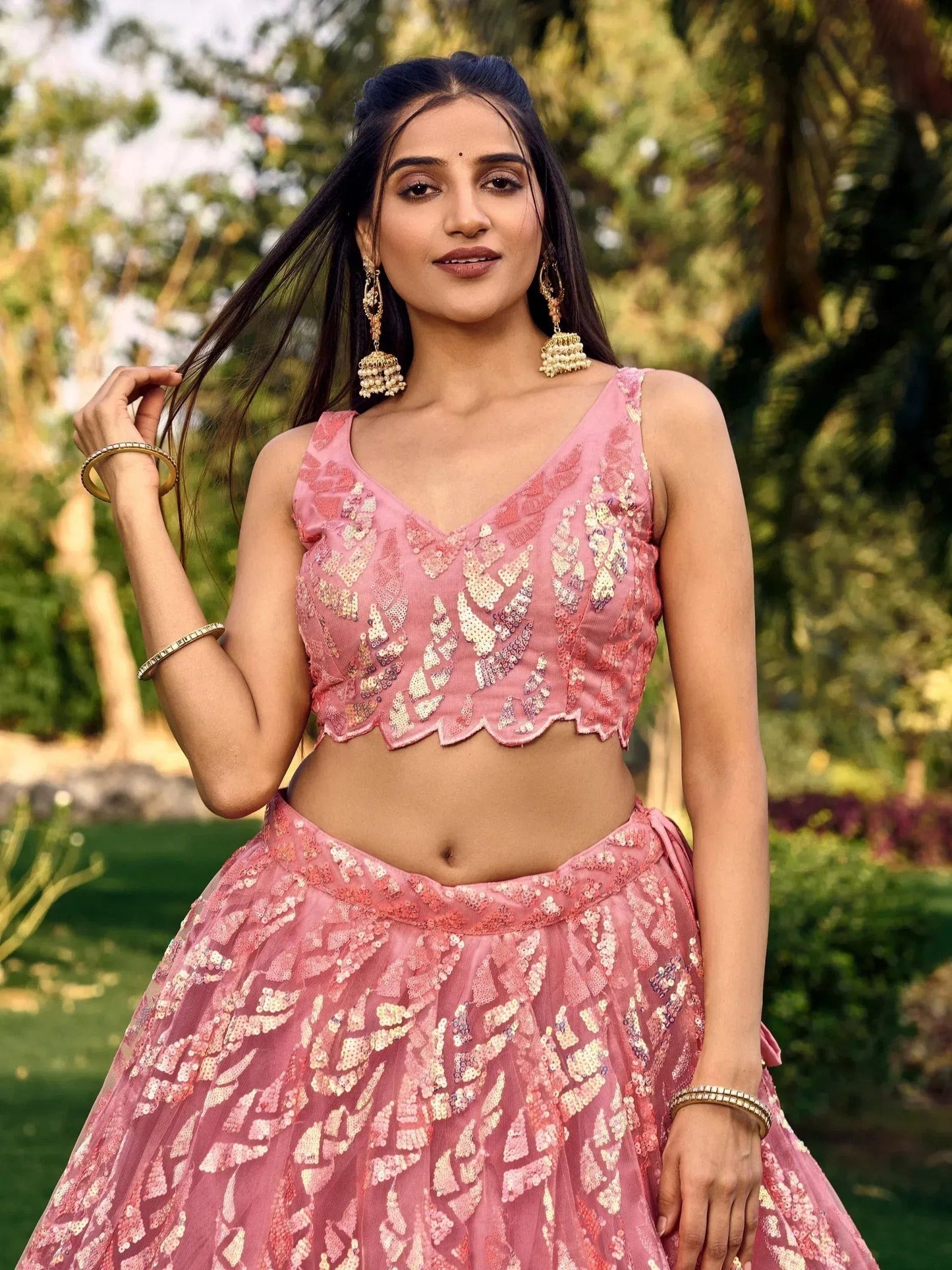 Tulsi Art Beautiful Pink Sequins Net Bridesmaid Lehenga Choli With Dupatta