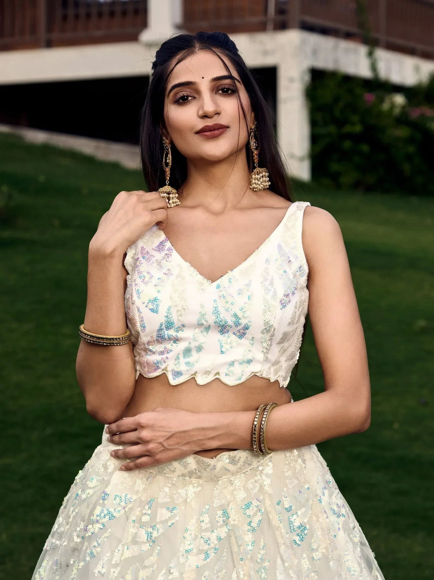 Tulsi Art Astonishing Off-White Sequins Net Lehenga Choli With Dupatta