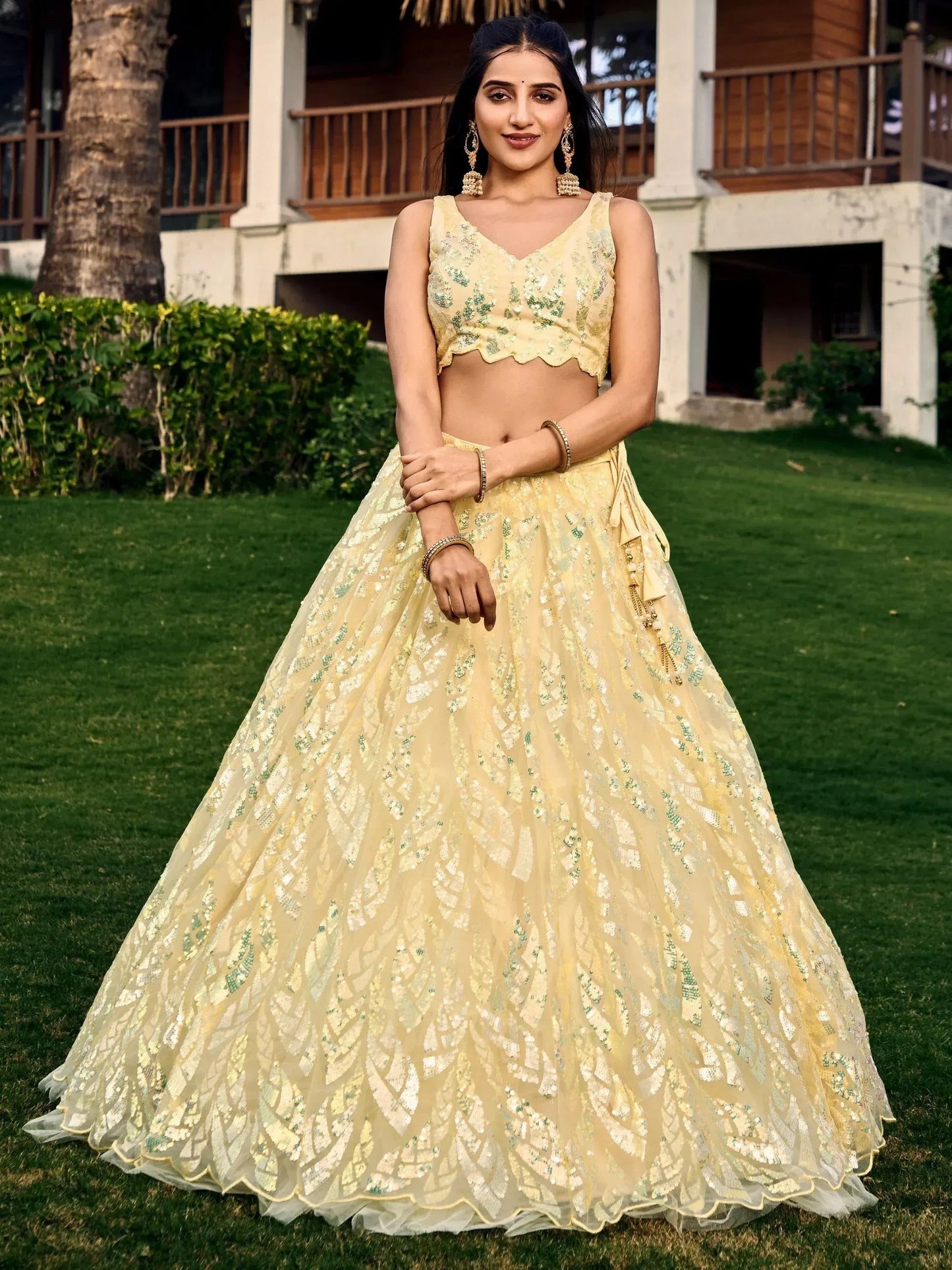 Tulsi Art Attractive Yellow Sequins Net Function Wear Lehenga Choli With Dupatta