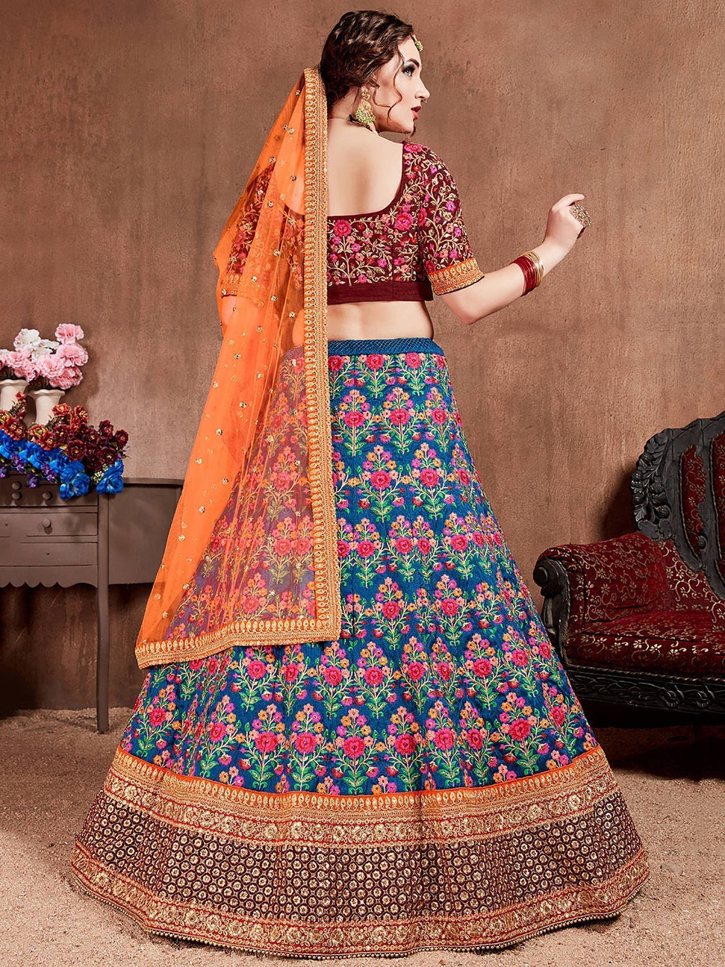 Tulsi Art Navy Blue Embroidered Mulberry Silk Bridal Lehenga Choli With Dupatta