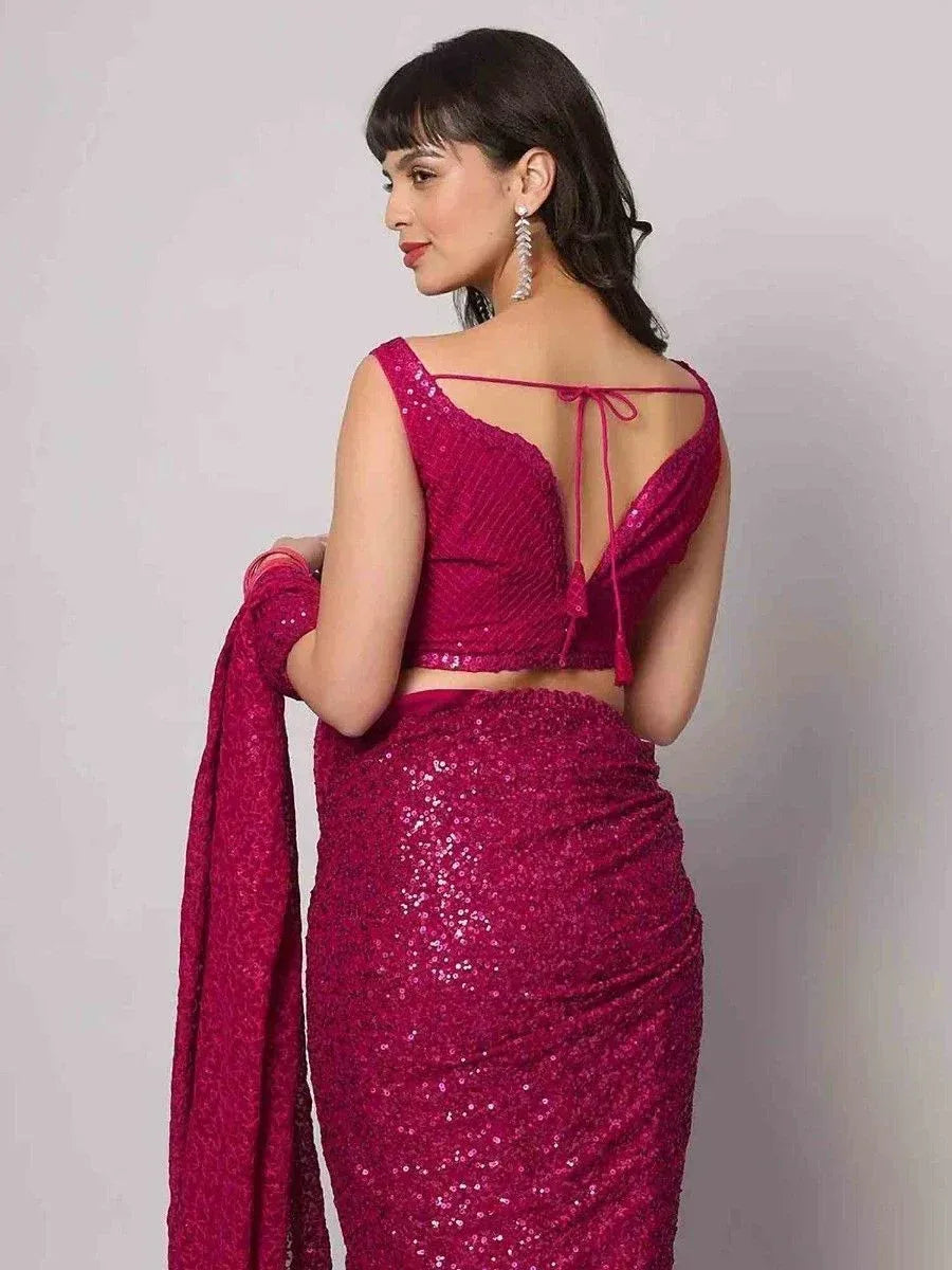 Tulsi Art Gorgeous Pink Sequins Georgette Reception Wear Saree With Blouse