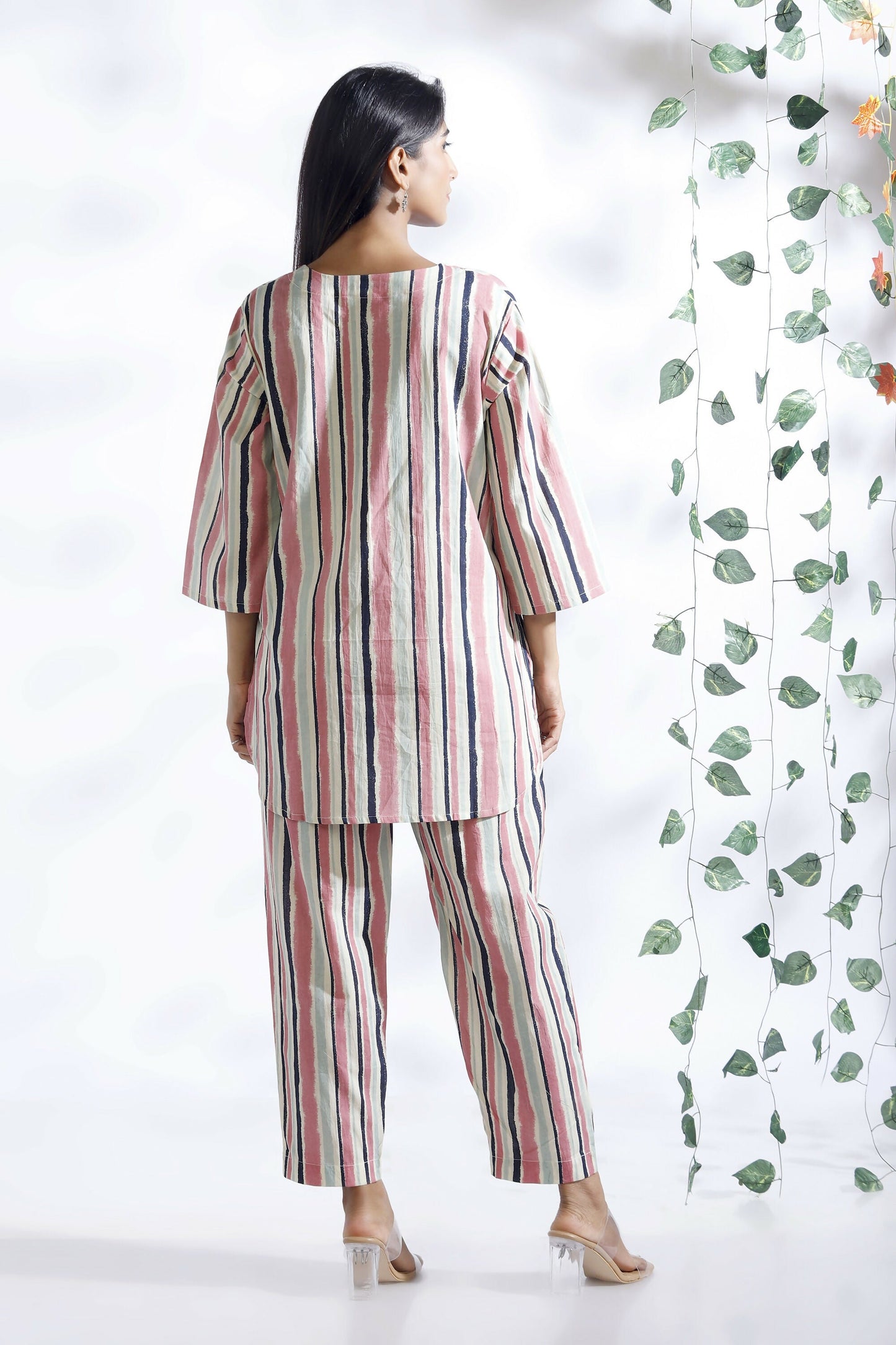 Breathables WomenS Pink Cotton Stripes Loungewear Co-Ord Set