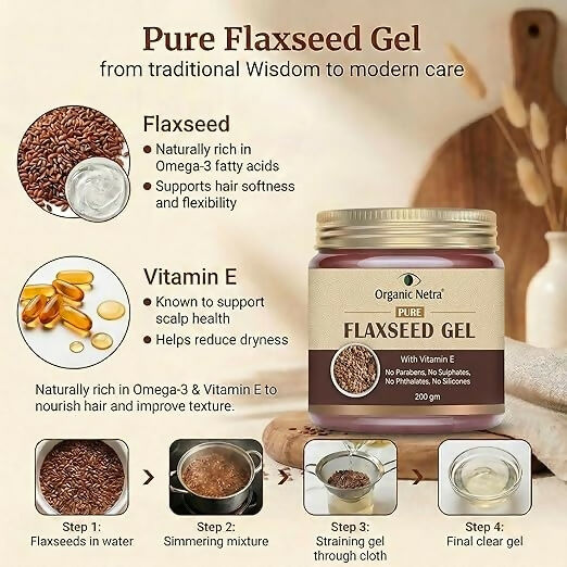 Organic Netra Pure Flaxseed Gel with Vitamin E for Hair and Skin Strengthens