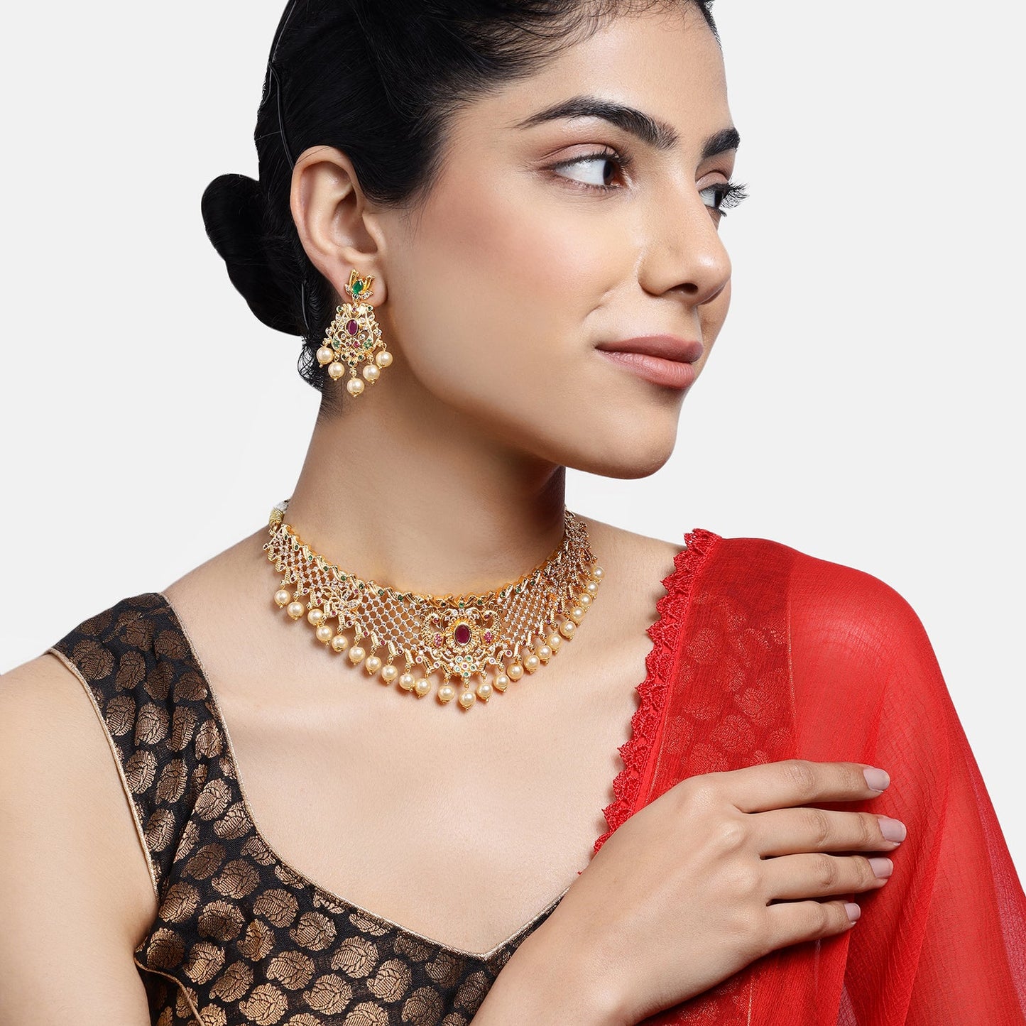 Estele Gold Plated CZ Sleek Designer Bridal Choker Set with Pearls & Colored Stones for Women