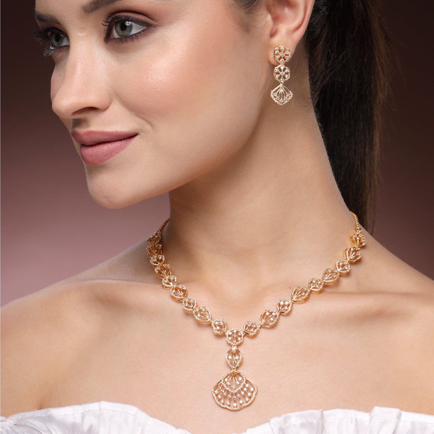 Opulent Gold Finish American Diamond Geometric Floral Necklace Set– Lightweight Statement Jewelry for Engagements & Reception Evenings