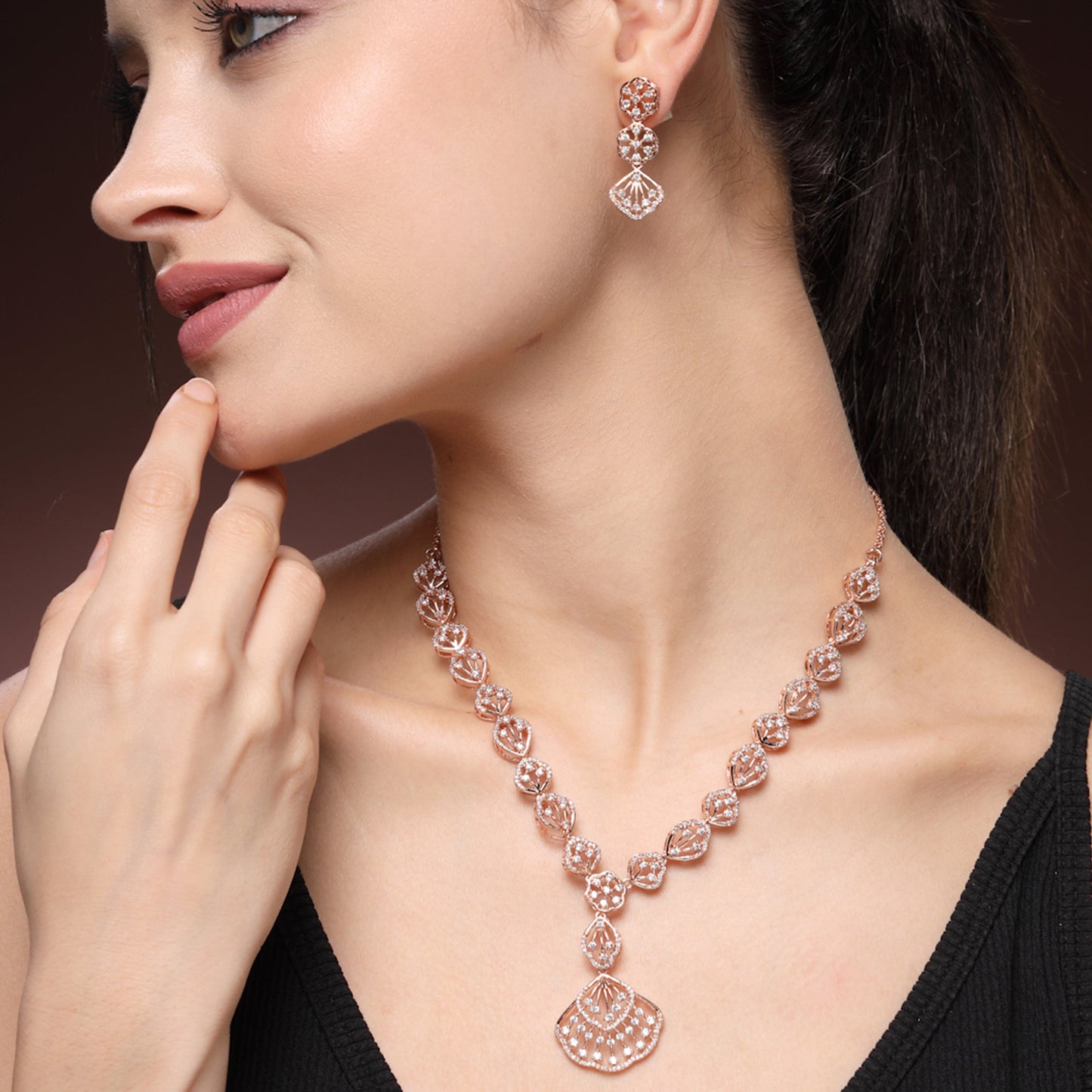 Gleaming Rose Gold Finish Floral Motif Necklace Set– Contemporary Lightweight American Diamond Jewelry for Fashion-Forward Bridesmaids