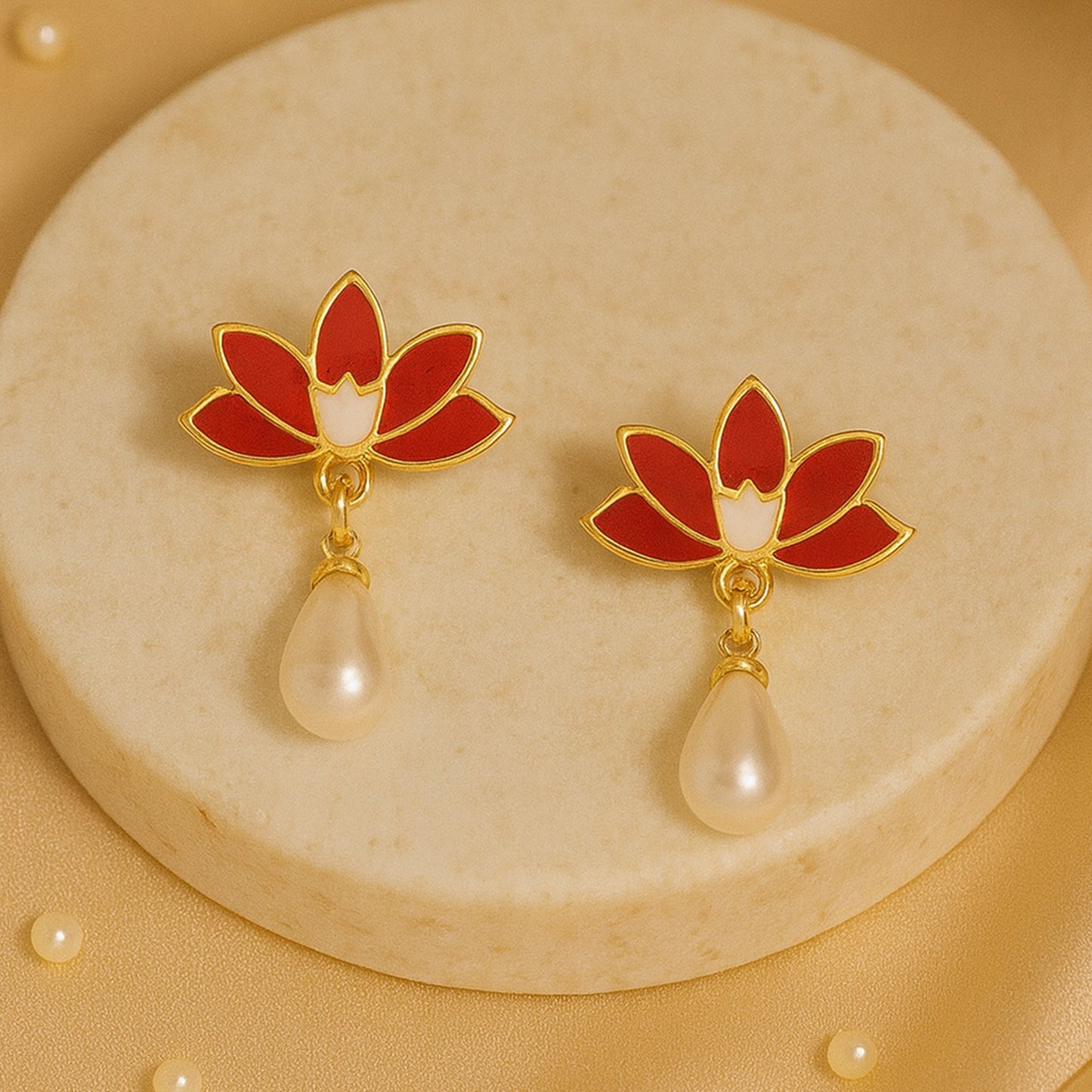 Classic Red Lotus Pearl Earrings