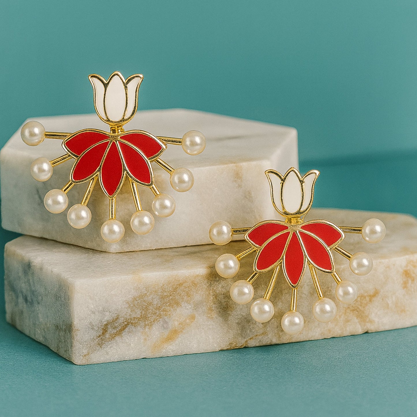 Red Lotus Pearl Stud Earrings