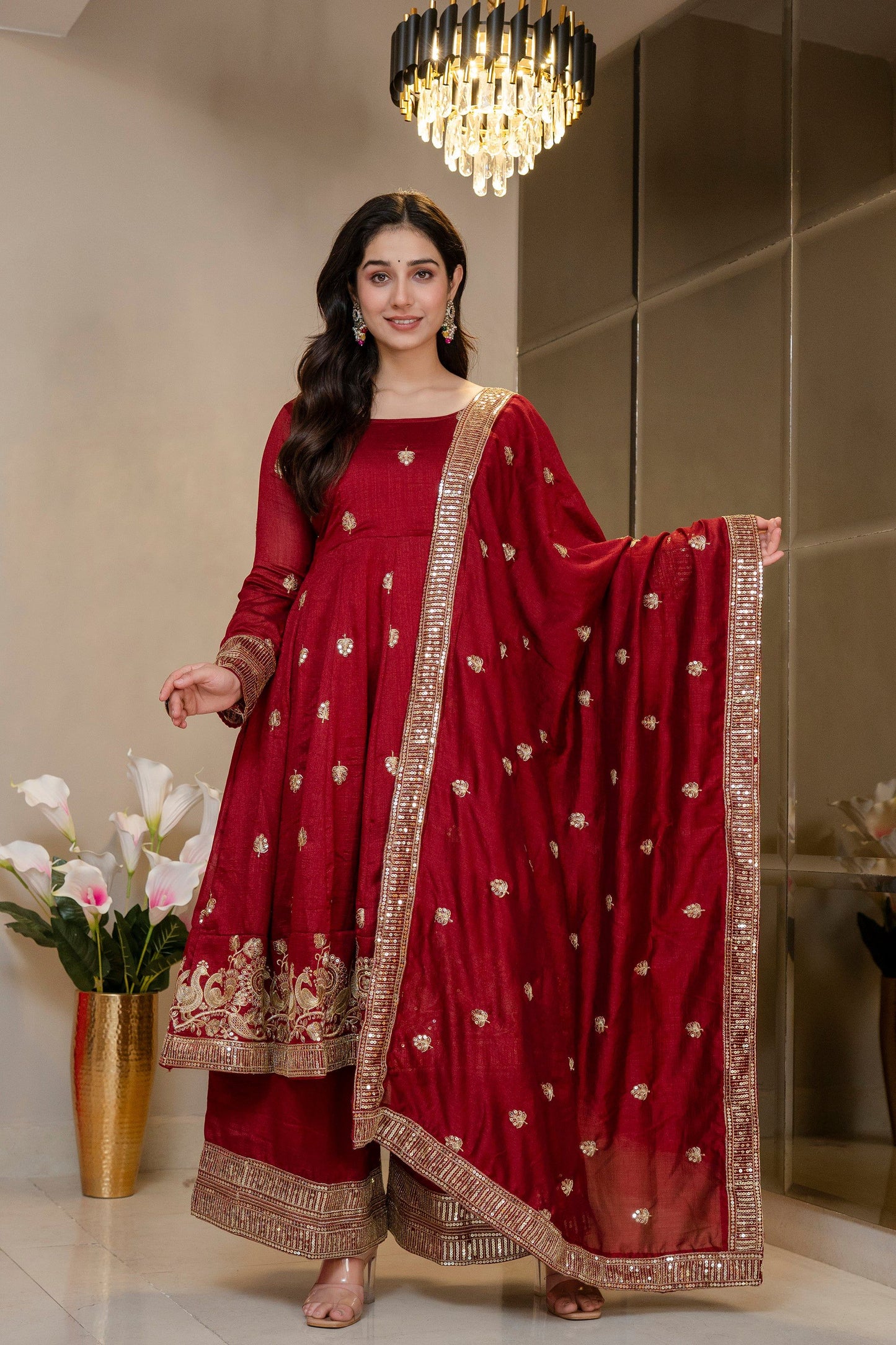 Yash Enterprise Maroon Simmar Silk Party Wear Embroidery Suit Set