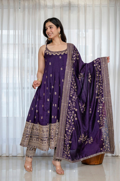 Yash Enterprise Purple Vichitra Silk Party Wear Embroidery Suit Set