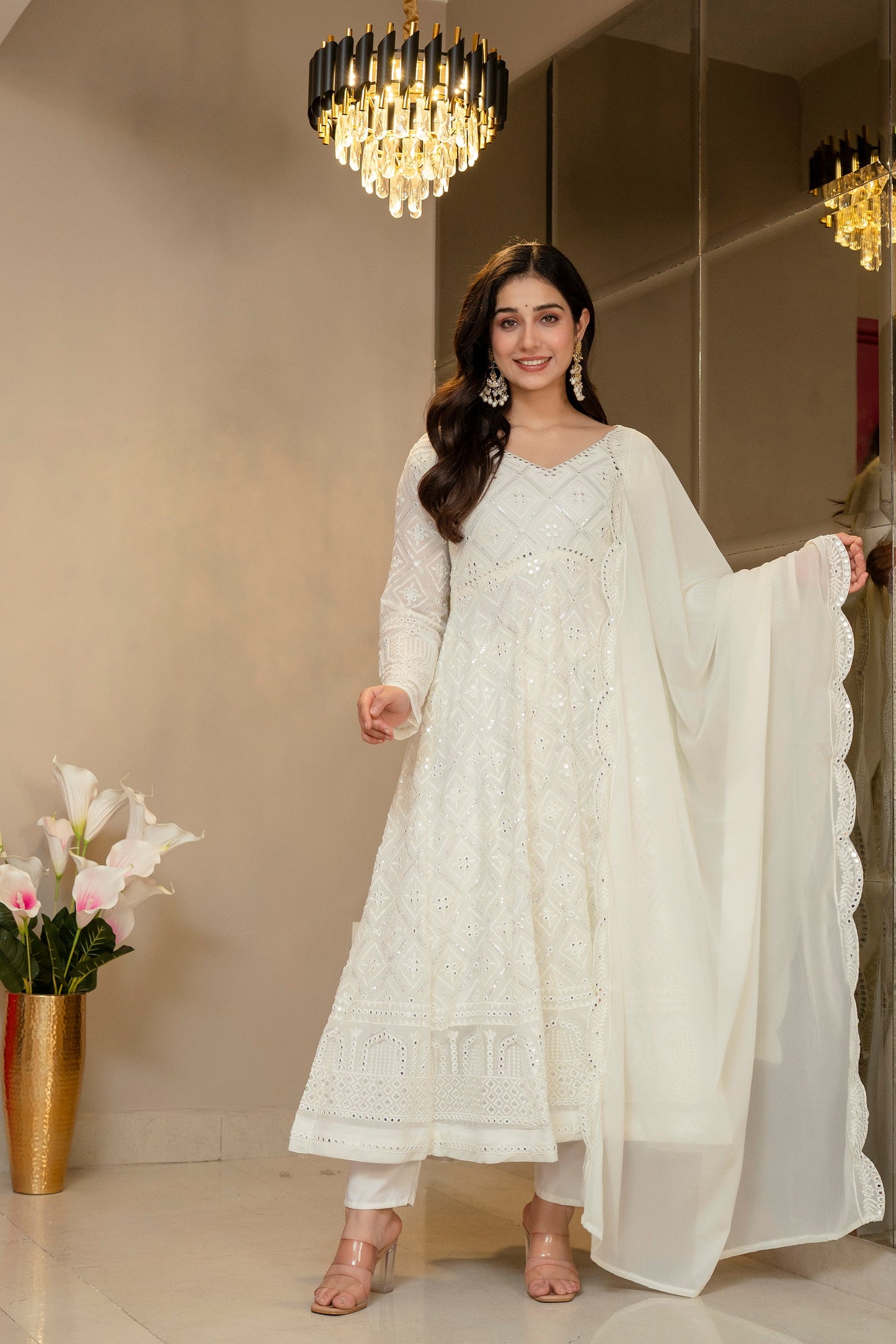 Yash Enterprise Off White Georgette Party Wear Embroidery Suit Set
