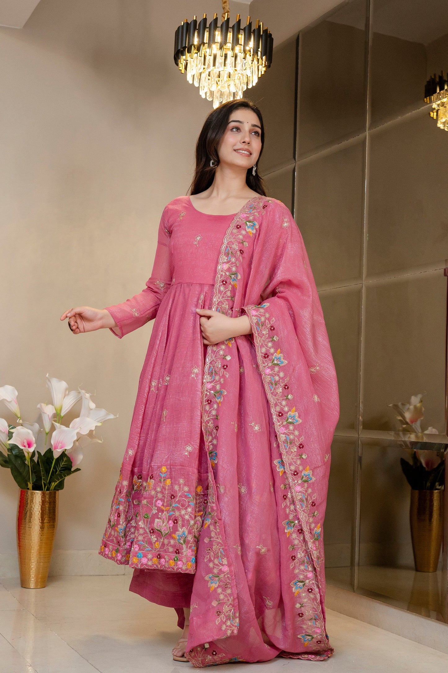 Yash Enterprise Dusty Rose Crunchy Silk Party Wear Embroidery Sharara Suit Set