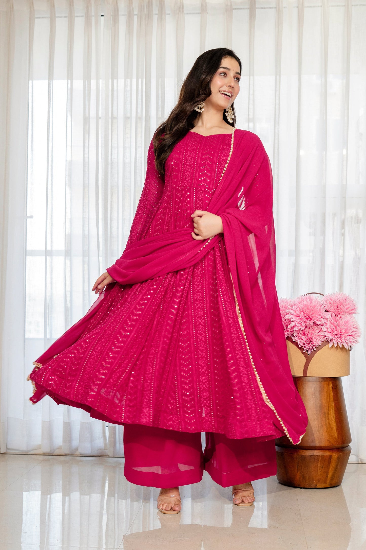 Yash Enterprise Rani Pink Blooming Silk Party Wear Embroidery Sharara Suit Set
