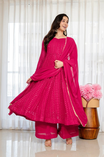 Yash Enterprise Rani Pink Blooming Silk Party Wear Embroidery Sharara Suit Set