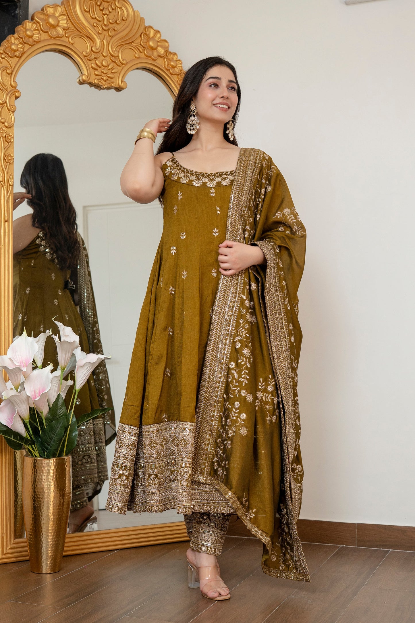 Yash Enterprise Mehndi Vichitra Silk Party Wear Embroidery Suit Set