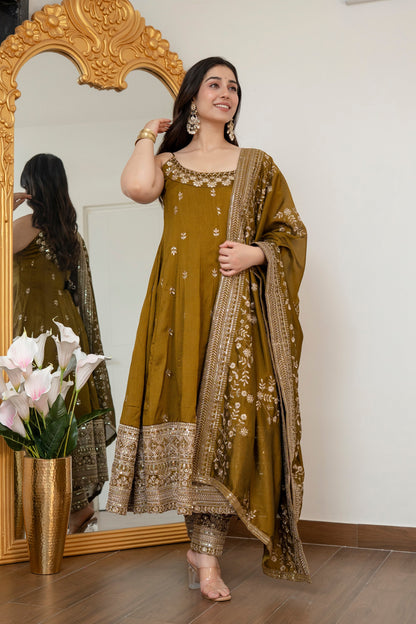 Yash Enterprise Mehndi Vichitra Silk Party Wear Embroidery Suit Set