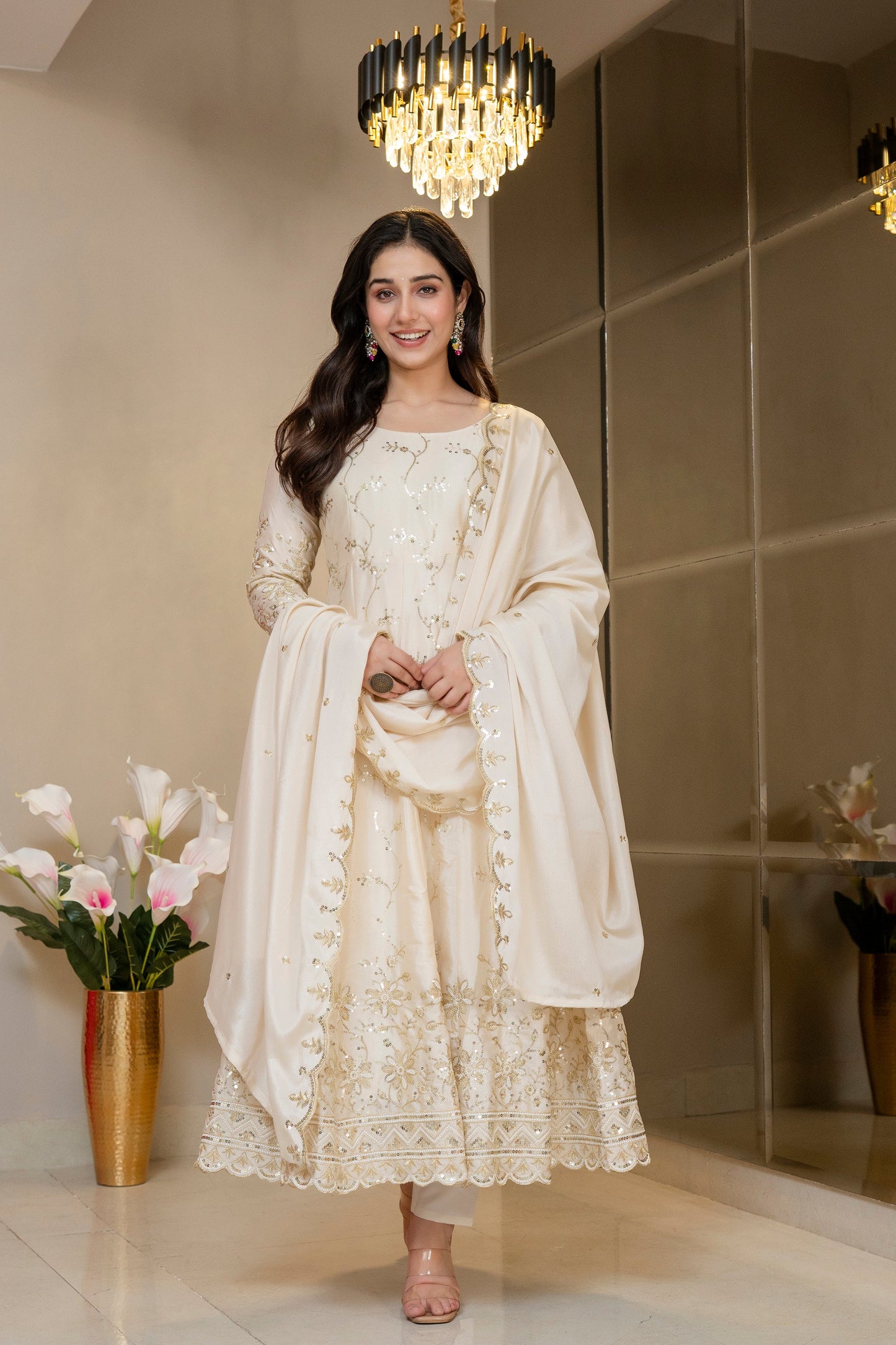 Yash Enterprise Cream Chinon Silk Party Wear Embroidery Suit Set