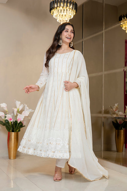 Yash Enterprise Off White Faux Blooming Party Wear Embroidery Suit Set