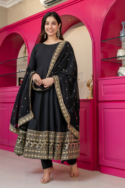 Yash Enterprise Black Rayon Party Wear Embroidery Suit Set