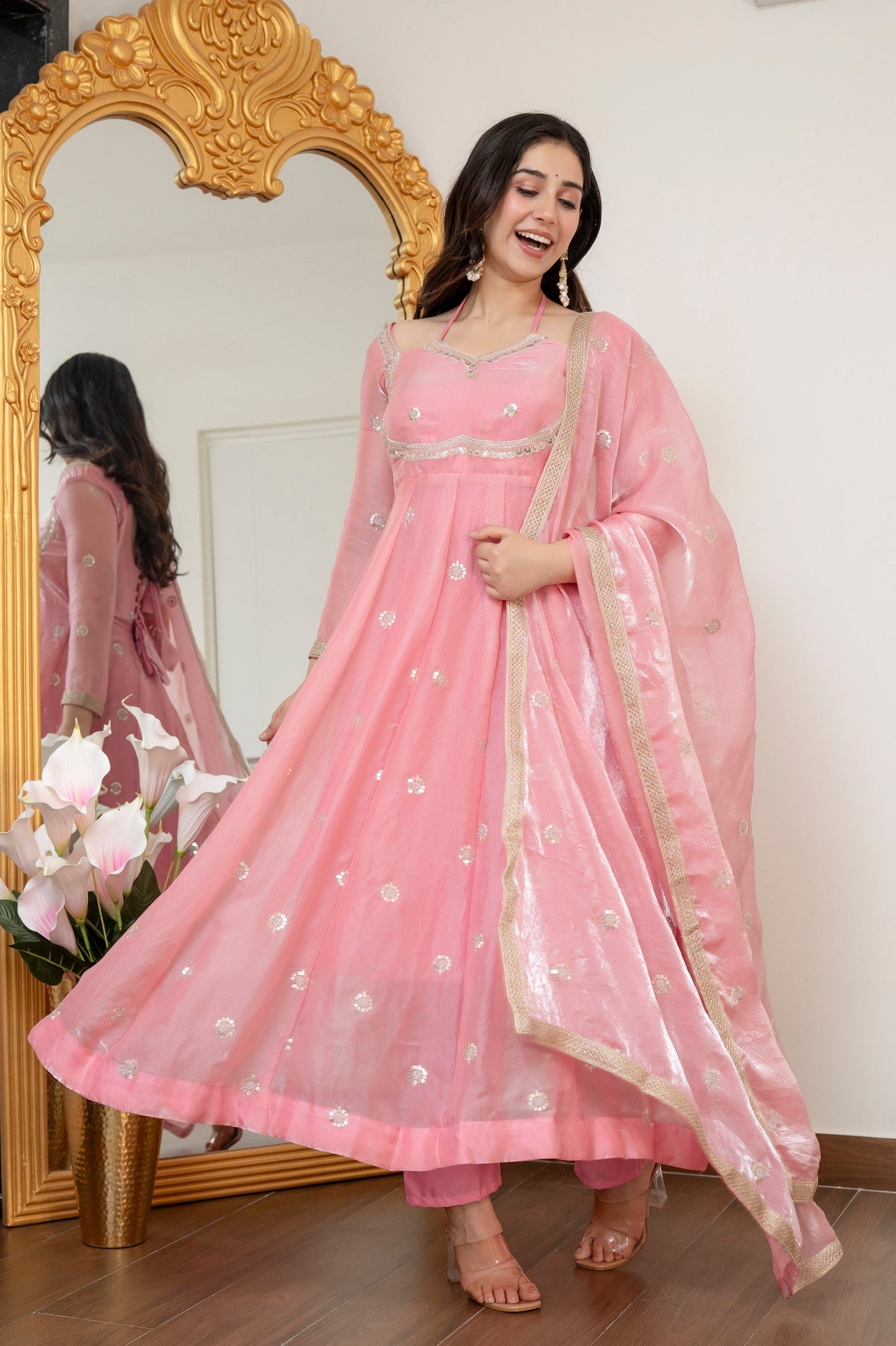 Yash Enterprise Peach Fandy Silk Party Wear Embroidery Suit Set