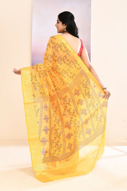 Piyari Fashion Women's Yellow Embellished Cotton Blend Printed Saree