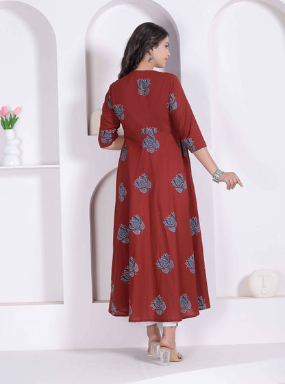 Miravan Women Rust Floral Printed Angrakha Kurta And Dupatta