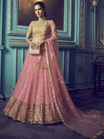 Tulsi Art Pink Beige Sequins Net Wedding Wear Lehenga Choli With Dupatta