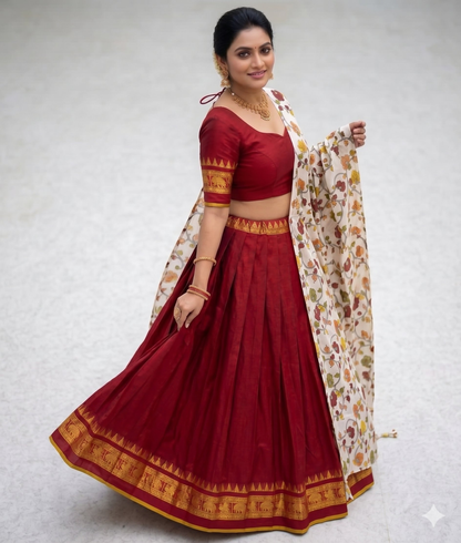 Teeya Creation Womens New Trendy Red Traditional Pleated Lehenga Choli Set with Floral Printed Dupatta and Contrast Zari Border Set