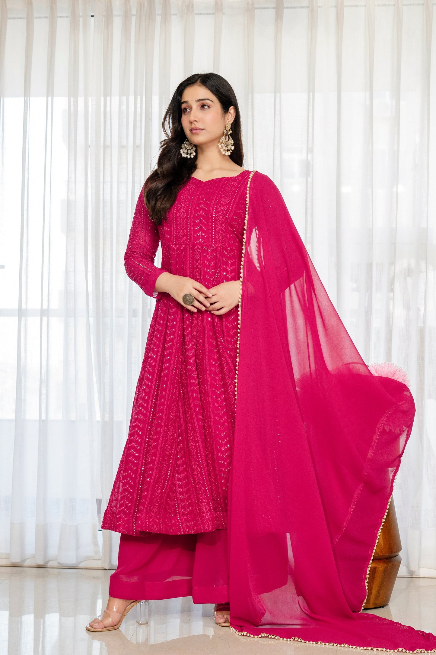 Yash Enterprise Rani Pink Blooming Silk Party Wear Embroidery Sharara Suit Set