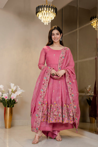 Yash Enterprise Dusty Rose Crunchy Silk Party Wear Embroidery Sharara Suit Set