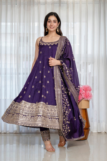 Yash Enterprise Purple Vichitra Silk Party Wear Embroidery Suit Set