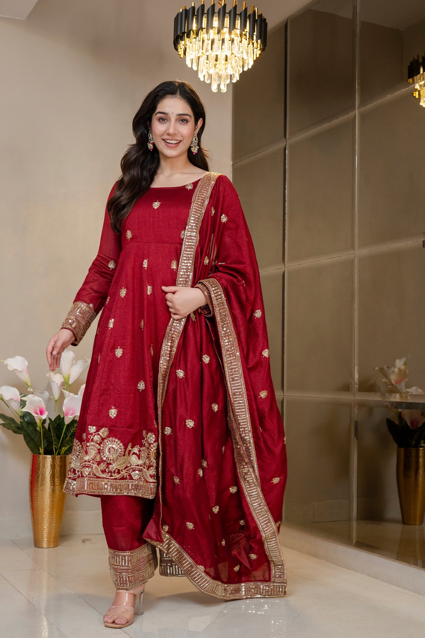 Yash Enterprise Maroon Simmar Silk Party Wear Embroidery Suit Set