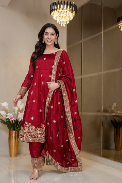 Yash Enterprise Maroon Simmar Silk Party Wear Embroidery Suit Set
