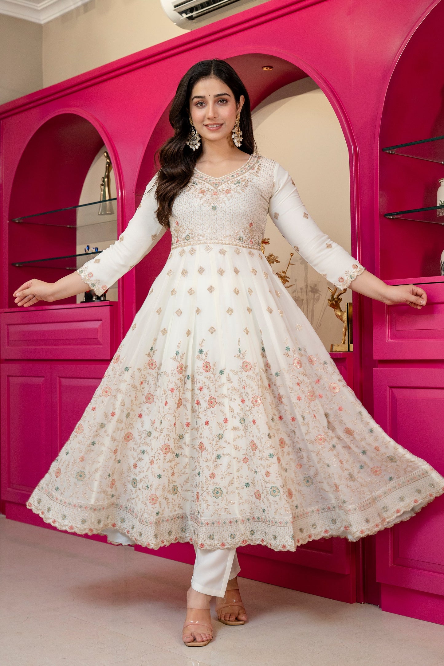 Yash Enterprise Off White Georgette Party Wear Anarkali Suit Set