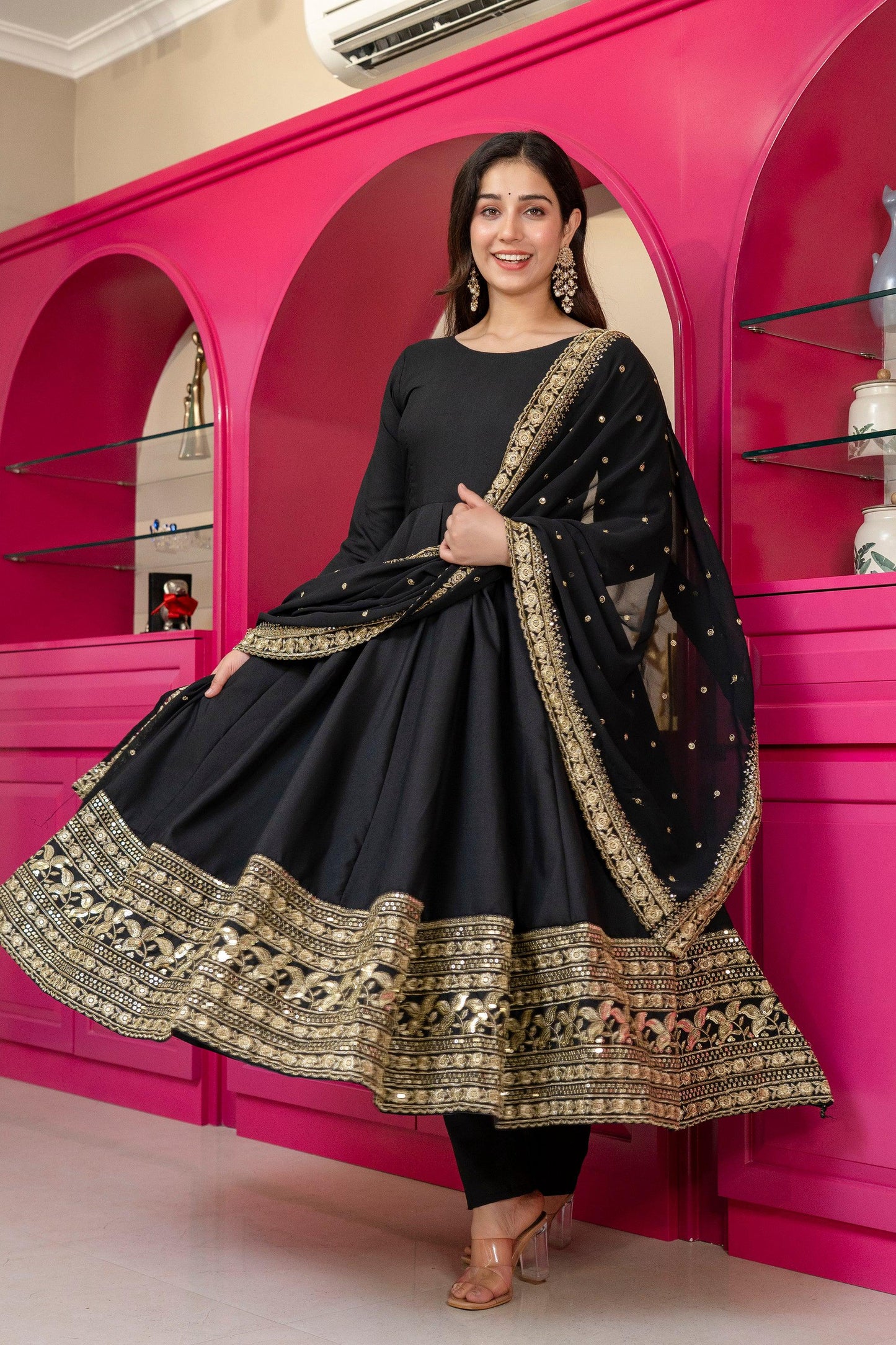Yash Enterprise Black Rayon Party Wear Embroidery Suit Set