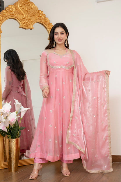 Yash Enterprise Peach Fandy Silk Party Wear Embroidery Suit Set